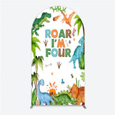 Aperturee Aperturee Roar I’m Four Dinosaur Birthday Arch Backdrop Boys 4th Bday Party Banner T Rex and Volcano Jungle Photo Prop